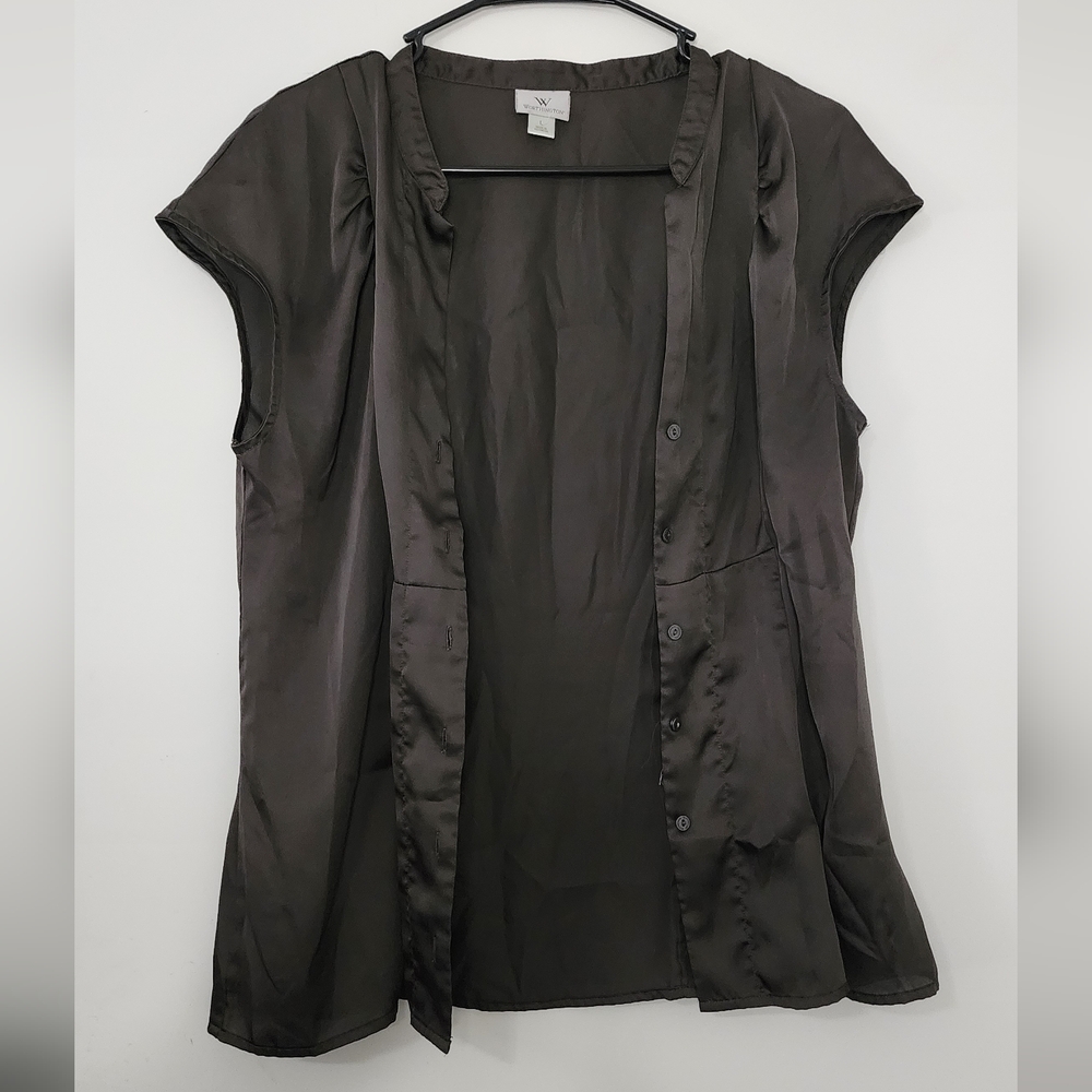 Worthington Brown Satiny Smooth Soft Button Blouse Top Shirt Size Large